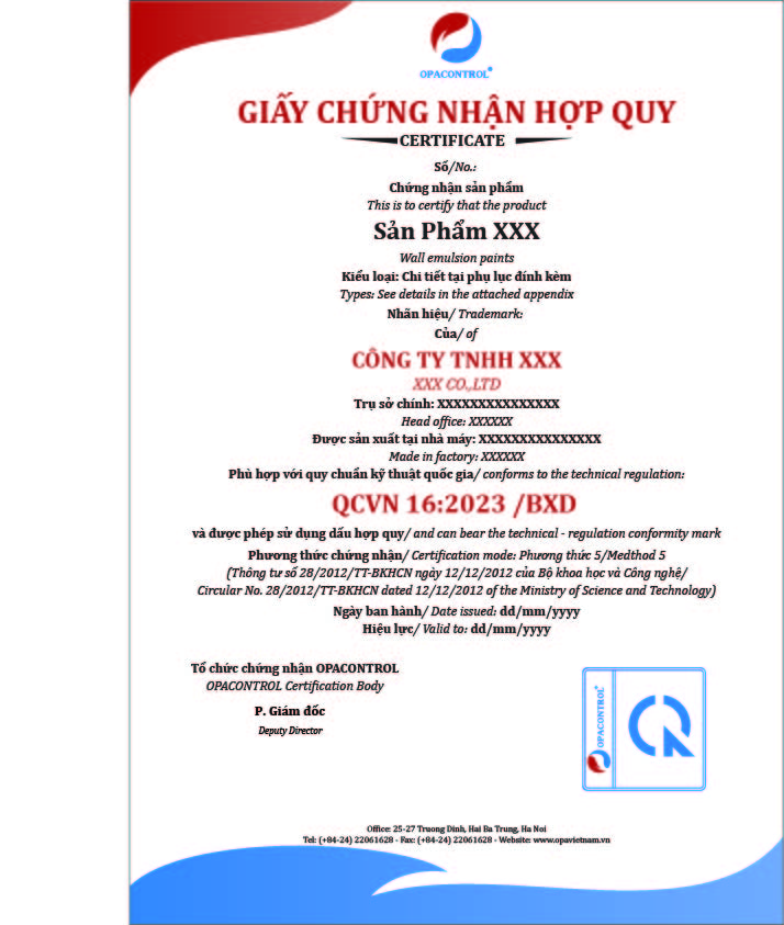 Mẫu giấy chứng nhận hợp quy tại OPACONTROL